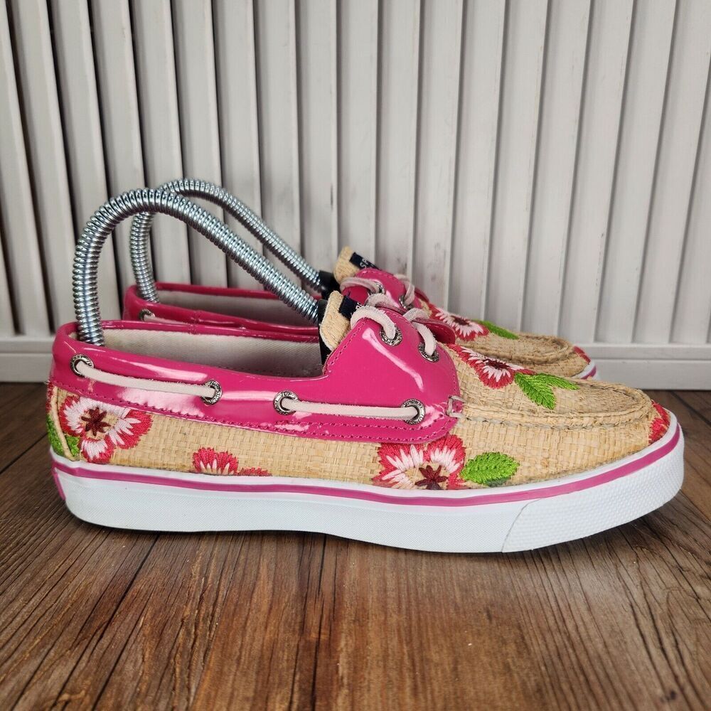 Sperry Top-Sider Tropical Burlap Women 6M Pink Hawaiian Floral Patent Boat Shoes